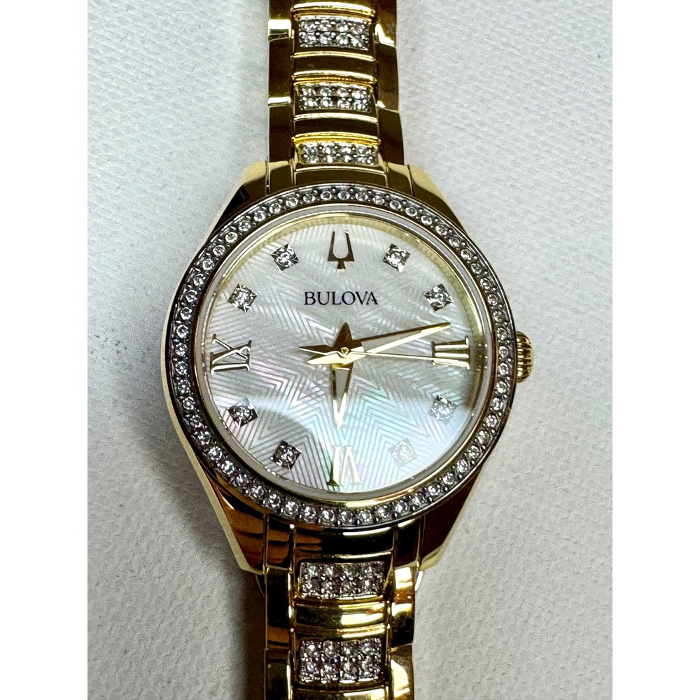 Bulova 98L306 Swarovski Crystal Gold Tone Watch MOP Dial Box Extra Links